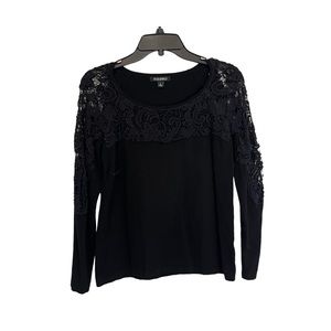 Roz & Ali Black Crochet Lace Boho Long Sleeve Top Blouse Womens Size S